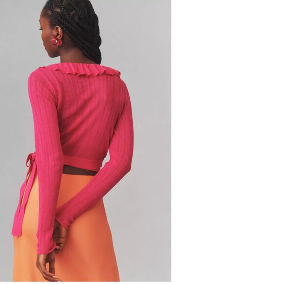 Anthropologie Maeve Linen Ruffled Wrap Cardigan Sweater size M pink new nwt - Picture 3 of 7